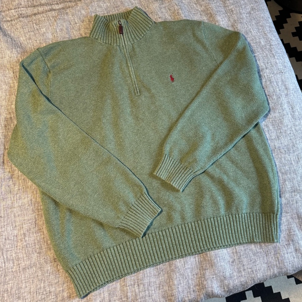 Polo Ralph Lauren 100% Cotton Quarter-Zip Mockneck Jumper Green Size XL - Picture 2 of 8